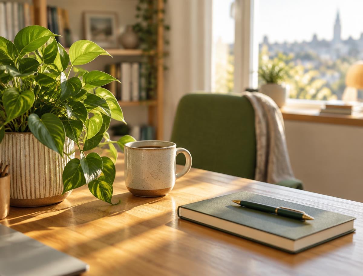 Rolig arbeidsplass med kaffe, notatbok og grønn plante i morgenlys